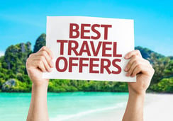 Best Travel Offers card with a beach on background
